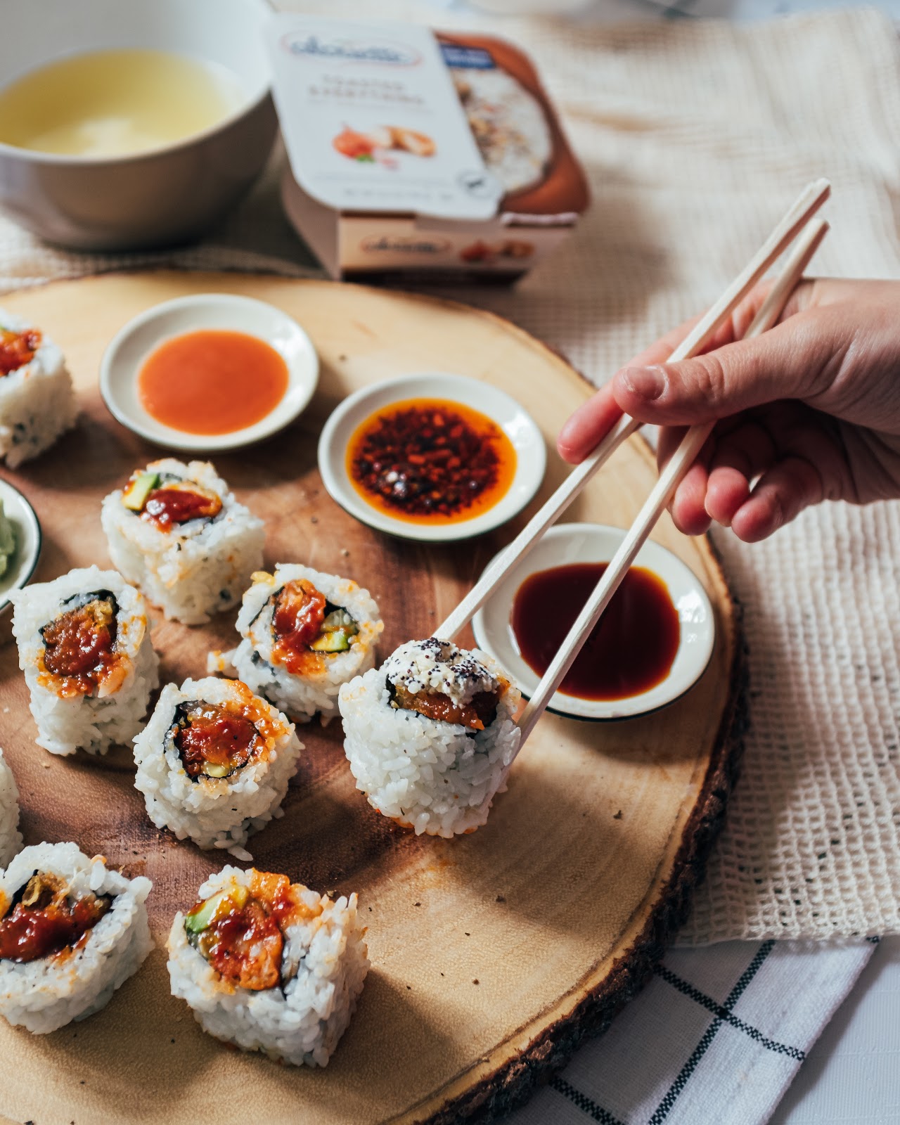 California rolls with Alouette toasted everything and asian sauce