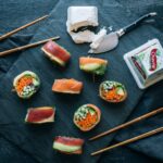 veggie, salmon, and tuna rolls with Chavrie pyramid