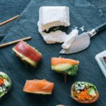 veggie, salmon, and tuna rolls with Chavrie pyramid