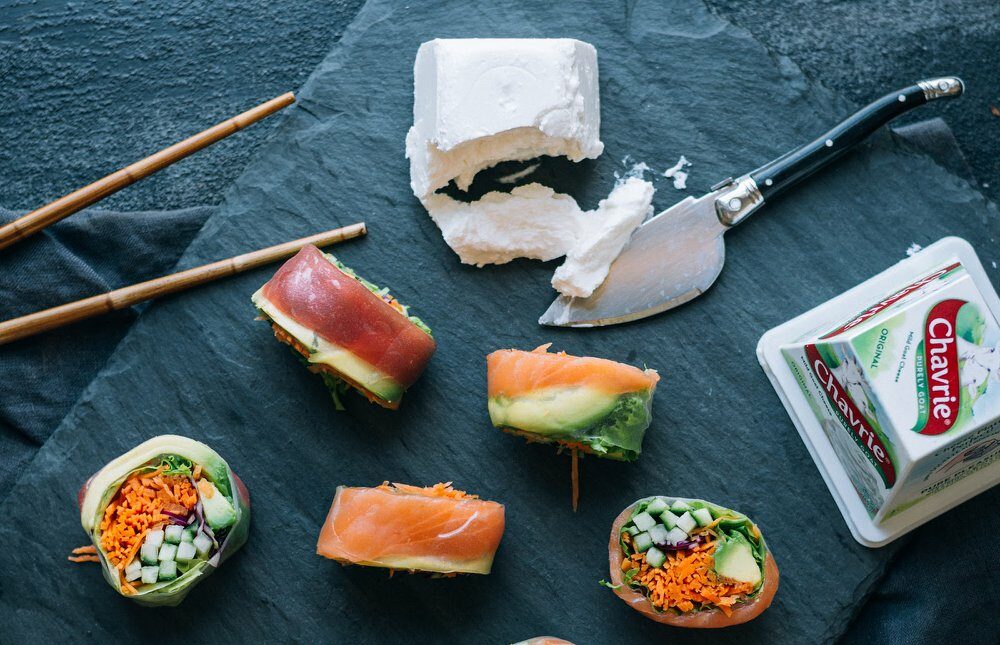 veggie, salmon, and tuna rolls with Chavrie pyramid