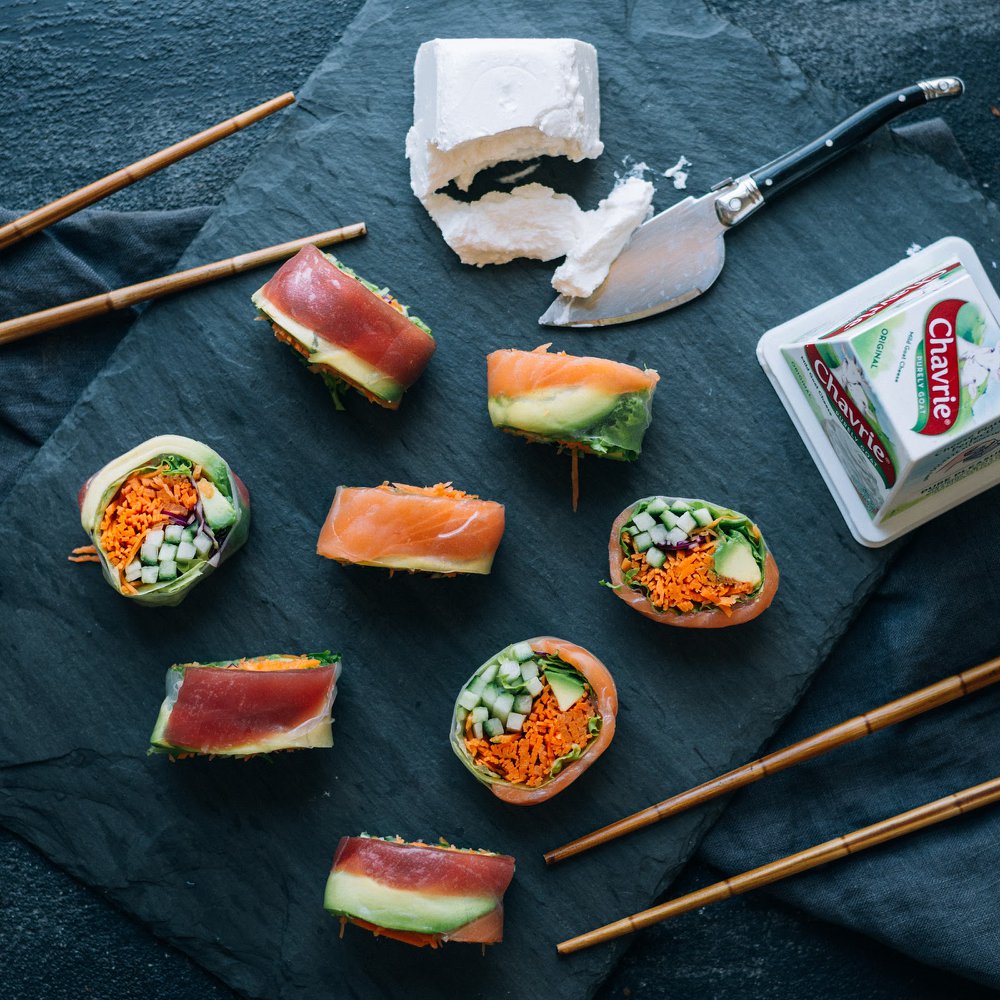 veggie, salmon, and tuna rolls with Chavrie pyramid