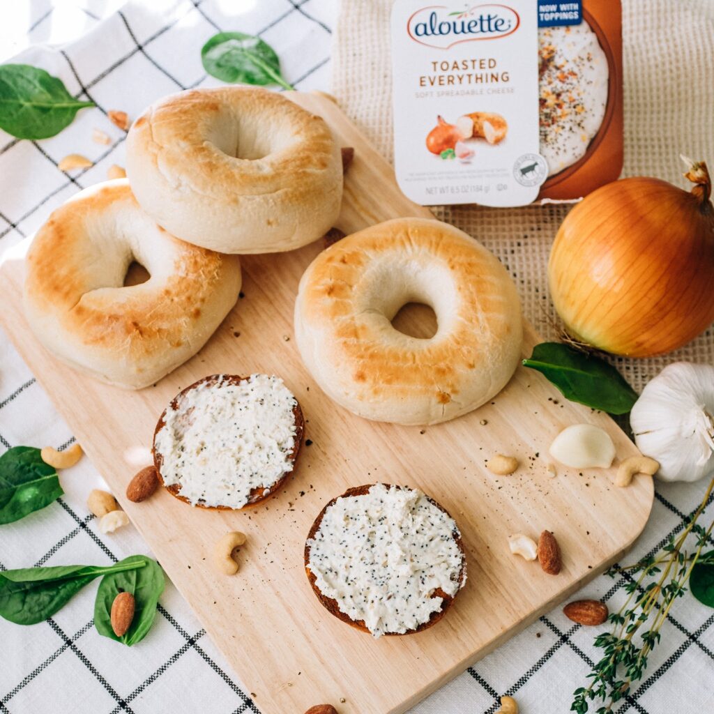 Alouette toasted everything spread on bagels