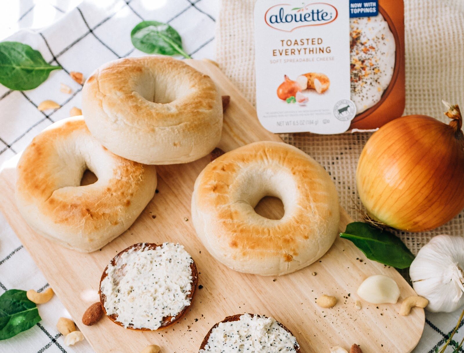 Alouette toasted everything spread on bagels