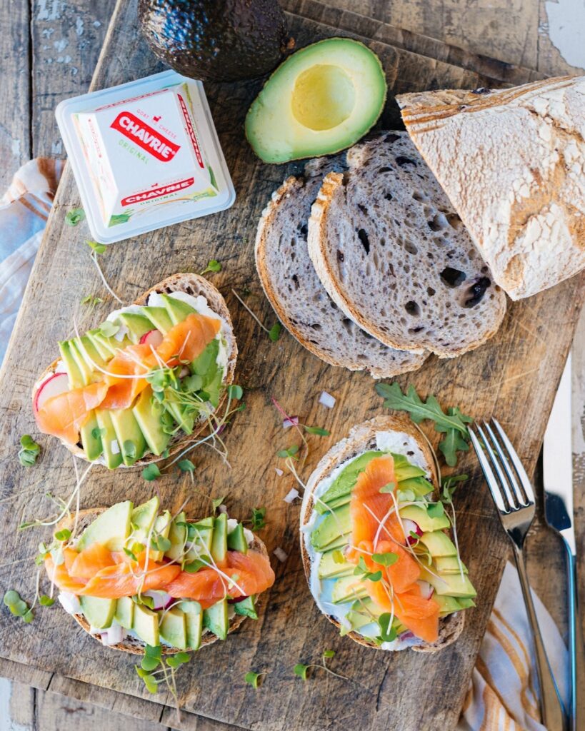 Chavrie pyramid avocado toasts with smoked salmon