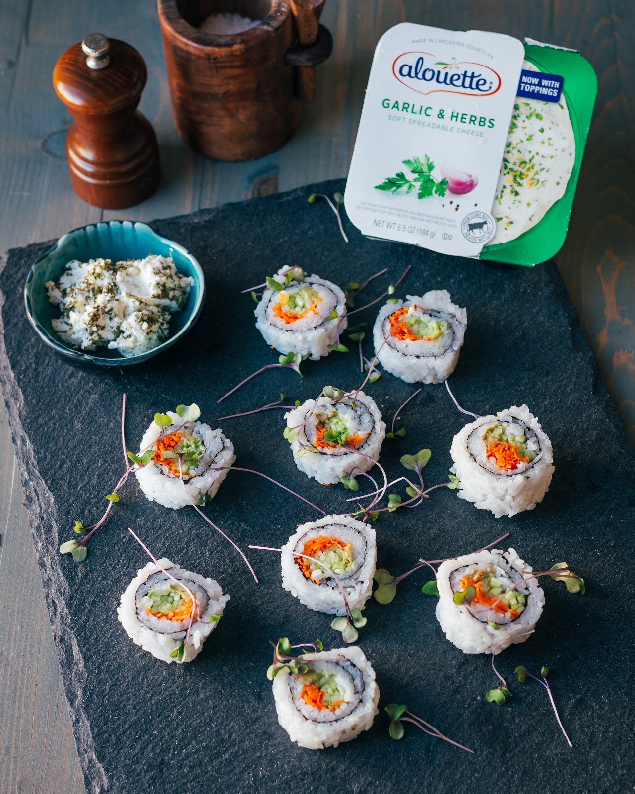 homemade sushi roll with Alouette garlic & herbs