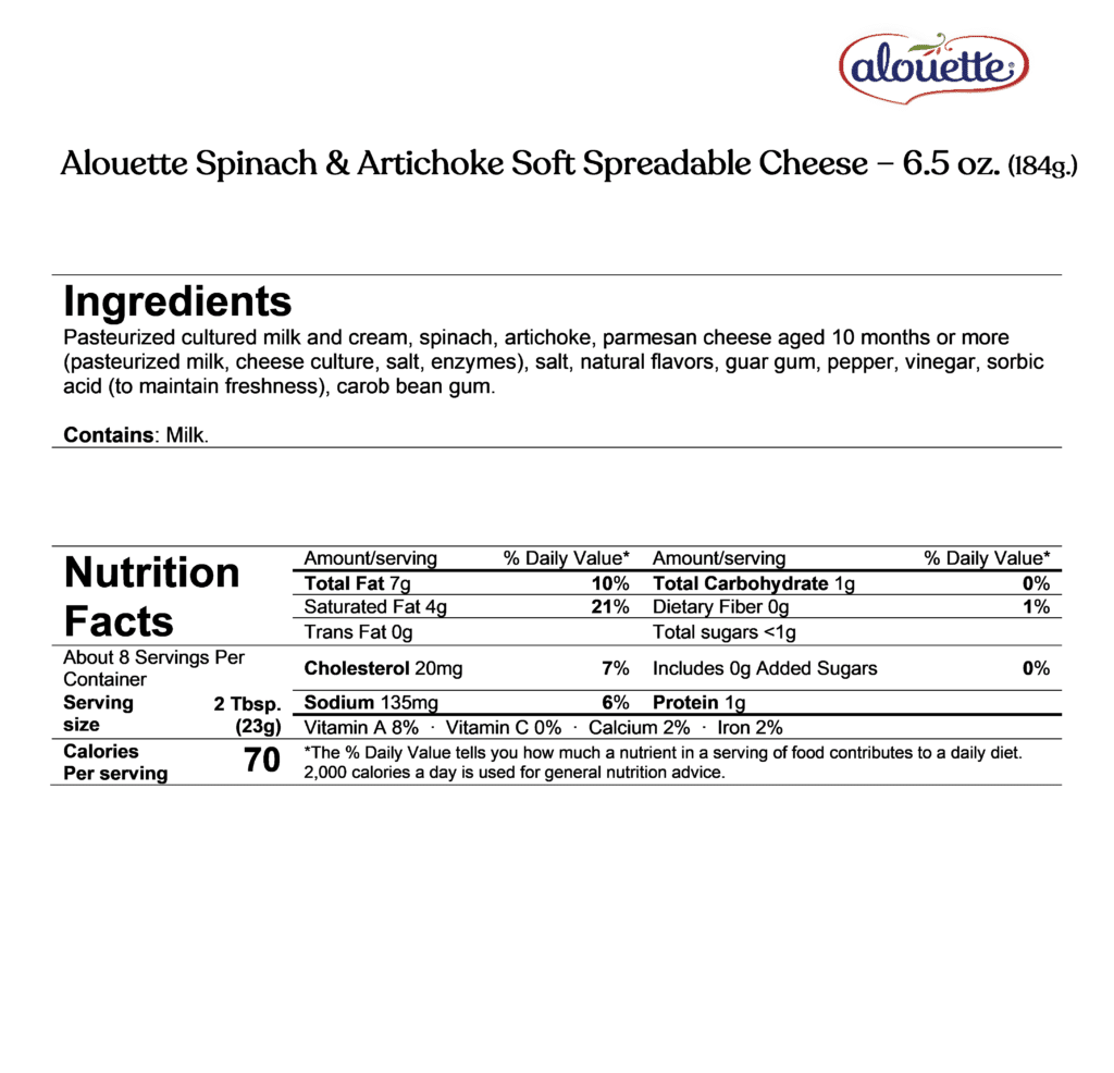 Alouette spinach & artichoke soft spreadable cheese ingredients and nutrition facts