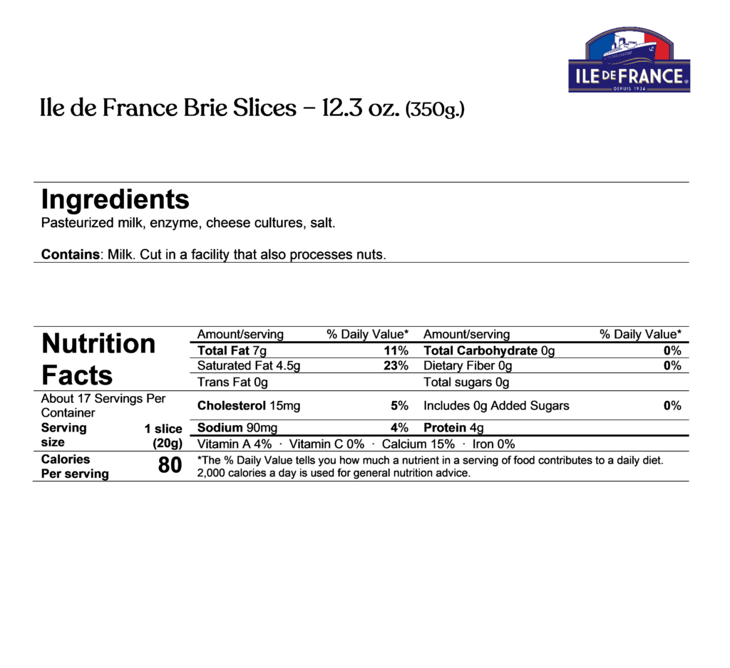 Ile de france brie slices ingredients & nutrition facts