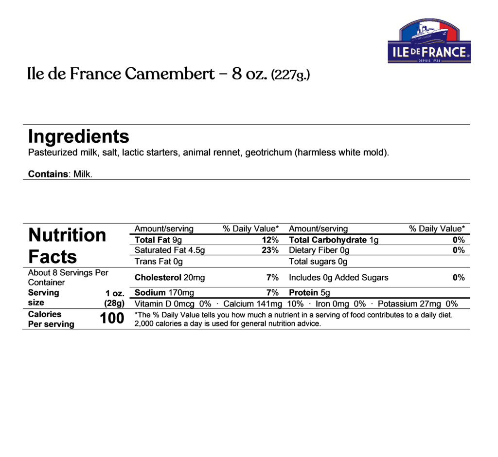 ile de france camembert ingredients & nutrition facts